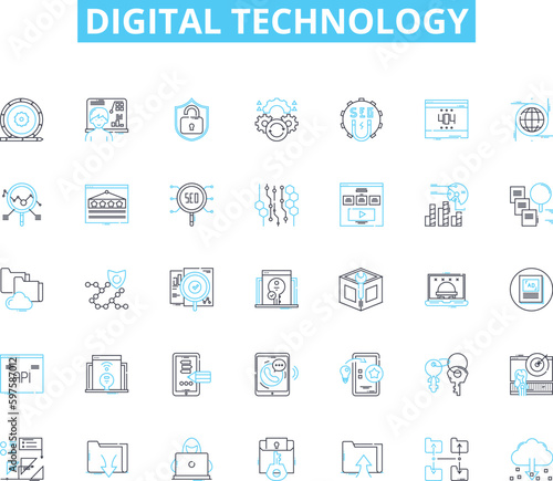 Digital technology linear icons set. Internet, Social Media, Cloud, Big Data, Analytics, Automation, Robotics line vector and concept signs. Artificial Intelligence,Virtual Reality,Augmented Reality