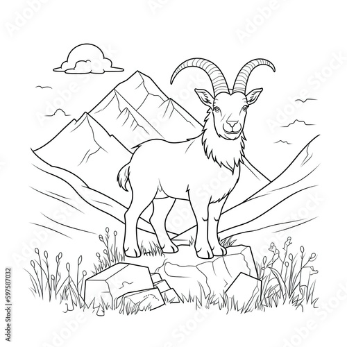 Kids coloring page of a goat on the hill that is blank and downloadable for them to complete. Hand drawn goat outline illustration. Animal doodle outline realistic illustration. Creative AI photo