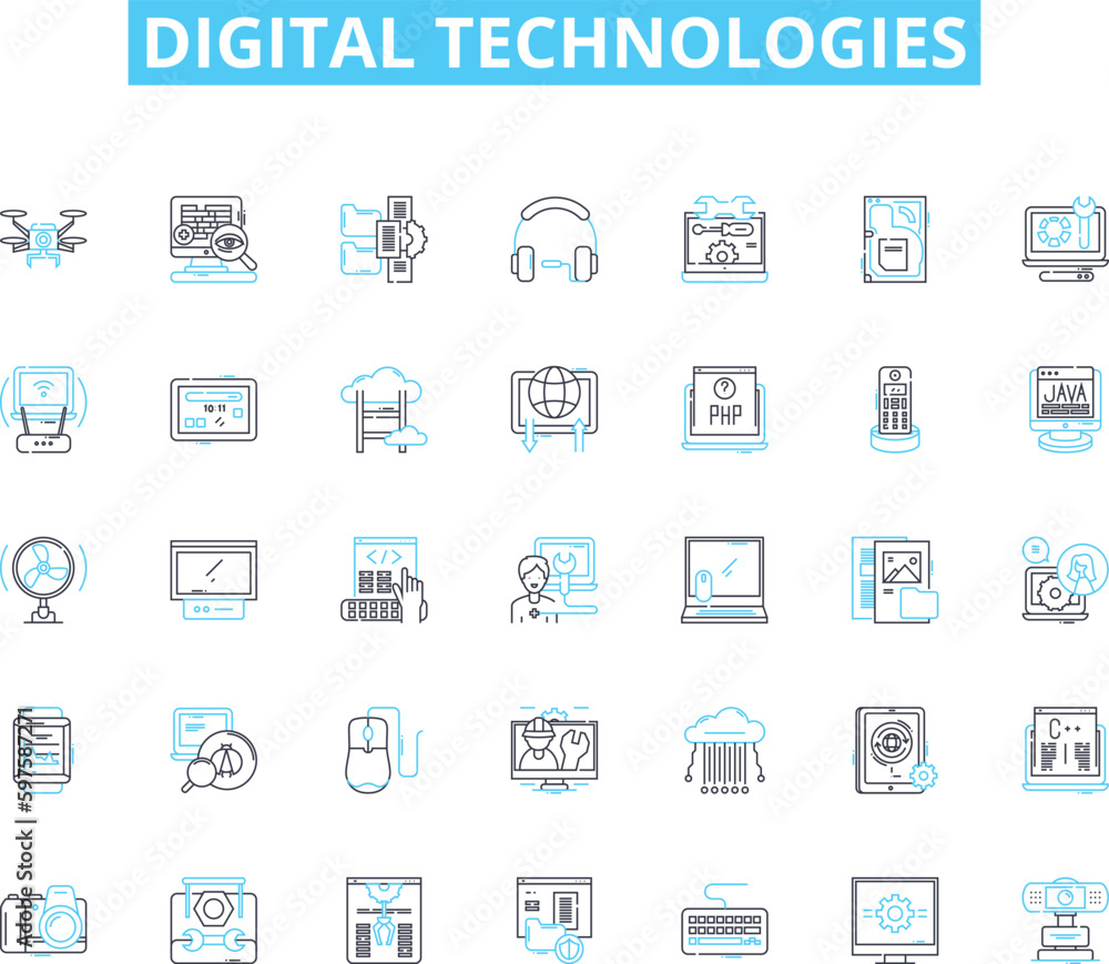 Digital technologies linear icons set. Innovation, Automation, Interactivity, Connectivity, Integration, Optimization, Virtuality line vector and concept signs. Artificial Intelligence,Cybersecurity Digital technologies linear icons set. Innovation, Automation, Interactivity, Connectivity, Integration, Optimization, Virtuality line vector and concept signs. Artificial Intelligence,Cybersecurity
