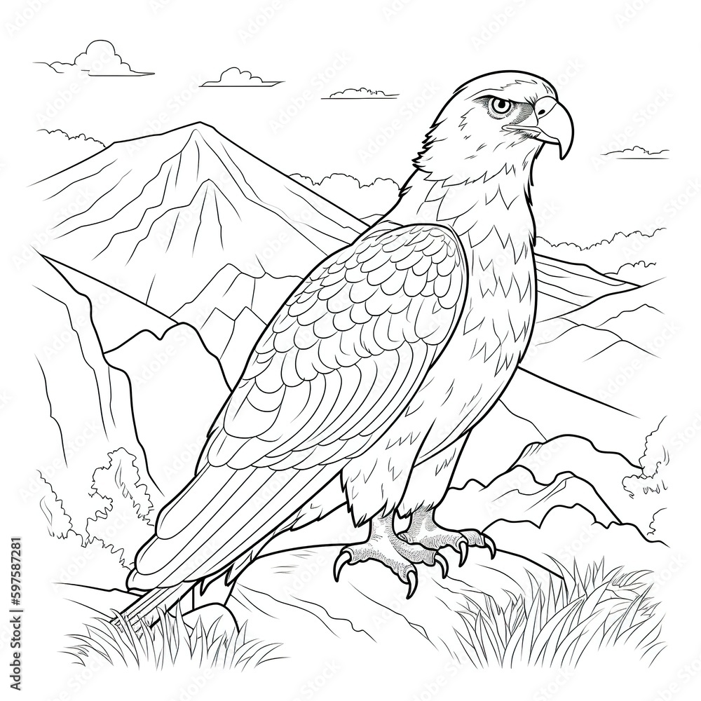 Fototapeta premium Kids coloring page of an eagle on the hill that is blank and downloadable for them to complete. Hand drawn eagle outline illustration. Animal doodle outline realistic illustration. Creative AI