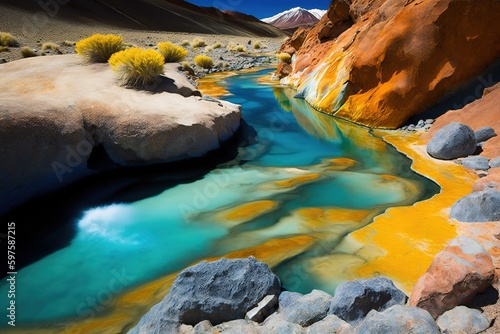 Colorful river water in the wilderness of Bolivia's Parque Nacional Sajama. Generative AI photo
