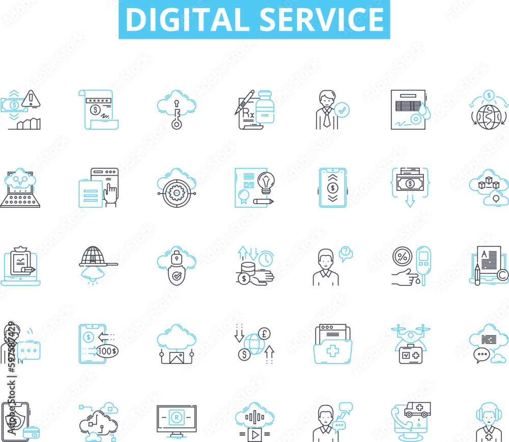 Digital service linear icons set. Online, Virtual, Connected, Social, Automated, Efficient, Streamlined line vector and concept signs. Agile,Robust,Innovative outline illustrations Digital service linear icons set. Online, Virtual, Connected, Social, Automated, Efficient, Streamlined line vector and concept signs. Agile,Robust,Innovative outline illustrations