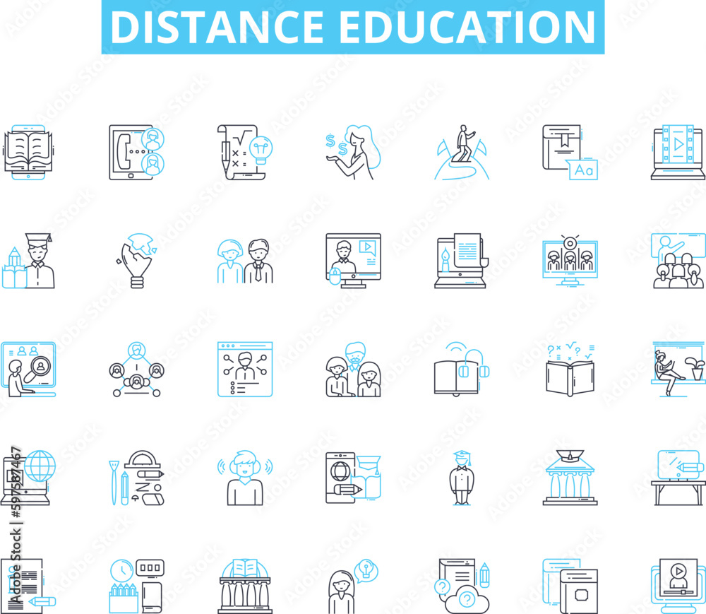 Distance education linear icons set. E-learning, Online, Digital, Virtual, Remote, Videoconferencing, Telecommunication line vector and concept signs. Internet-based,Cyberlearning,MOOCs outline