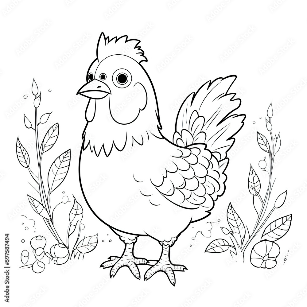 Kids coloring page of a chicken in the farm that is blank and downloadable for them to complete. Hand drawn chicken outline illustration. Animal doodle outline realistic illustration. Creative AI