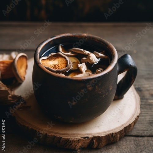 A cup of soup with mushrooms and mushrooms in it. AI generative image.