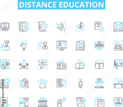 Distance education linear icons set. E-learning, Online, Digital, Virtual, Remote, Videoconferencing, Telecommunication line vector and concept signs. Internet-based,Cyberlearning,MOOCs outline