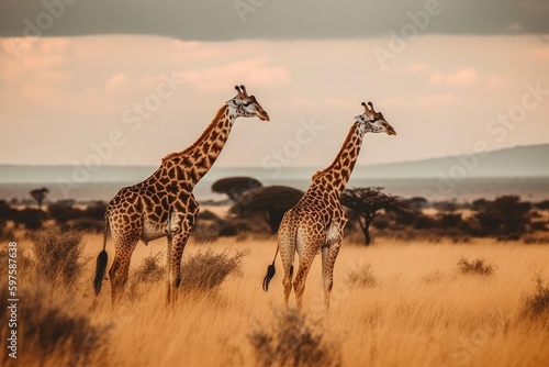 Majestic wild giraffes roaming in the African savannah of Tanzania's Serengeti National Park. Image Generated by AI © STORYTELLER