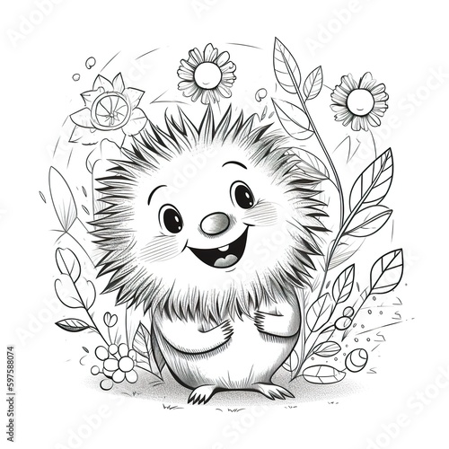 Kids coloring page of a happy porcupine with flowers that is blank and downloadable for them to complete. Hand drawn porcupine outline illustration. Doodle outline realistic illustration. Creative AI