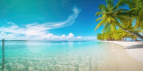 Beautiful tropical island with palm trees and beach panorama. Generative AI © piai