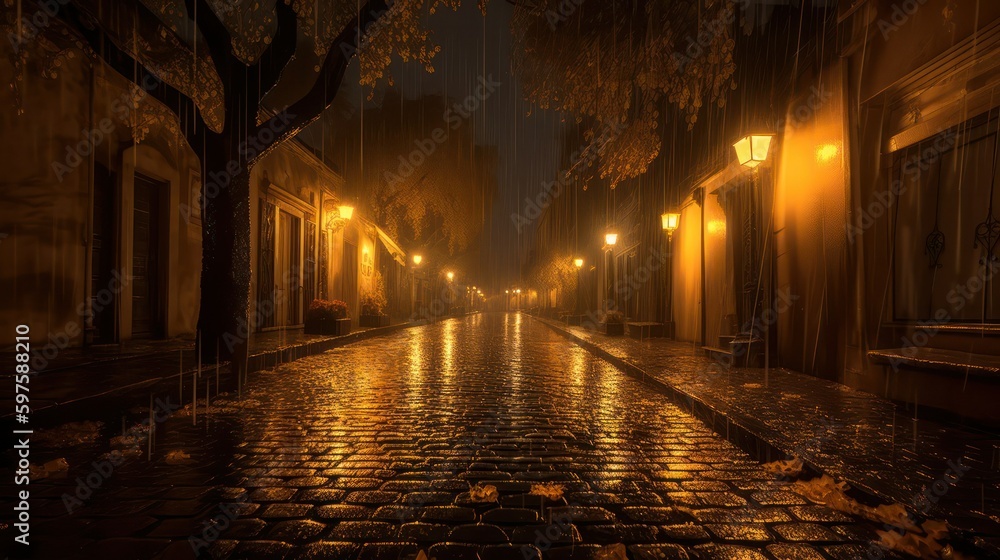 empty street of the city under the warm illumination of lanterns on a rainy night. Generative AI empty street of the city under the warm illumination of lanterns on a rainy night. Generative AI