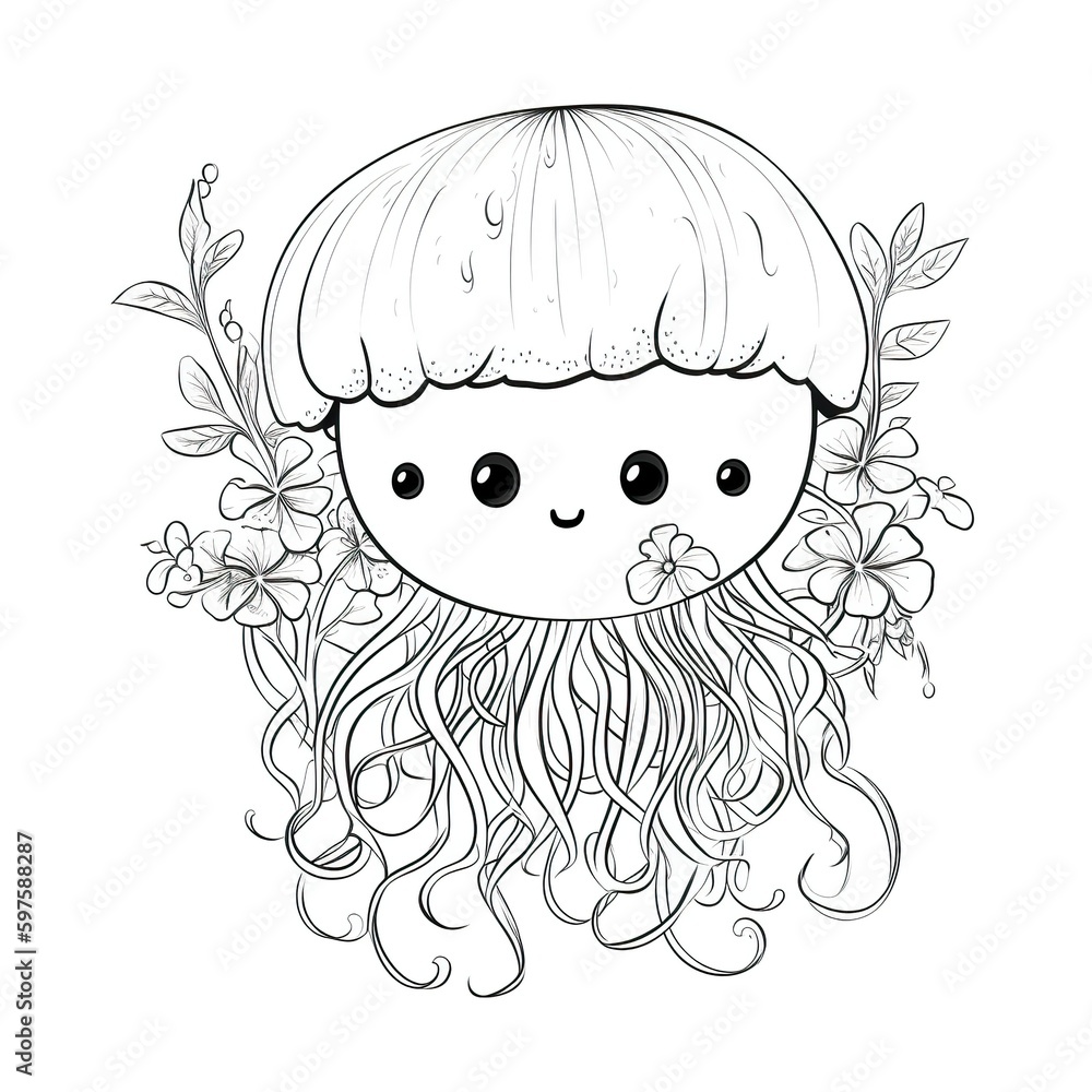 Kids coloring page of a happy jellyfish with flowers that is blank and ...