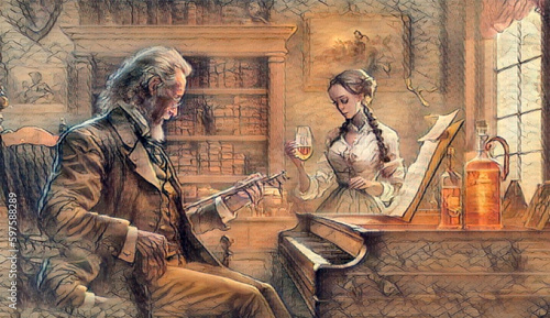 Comerciante colonial realista trabalhando na afinação de um piano clássico, enquanto uma mulher toma um gole de uísque photo