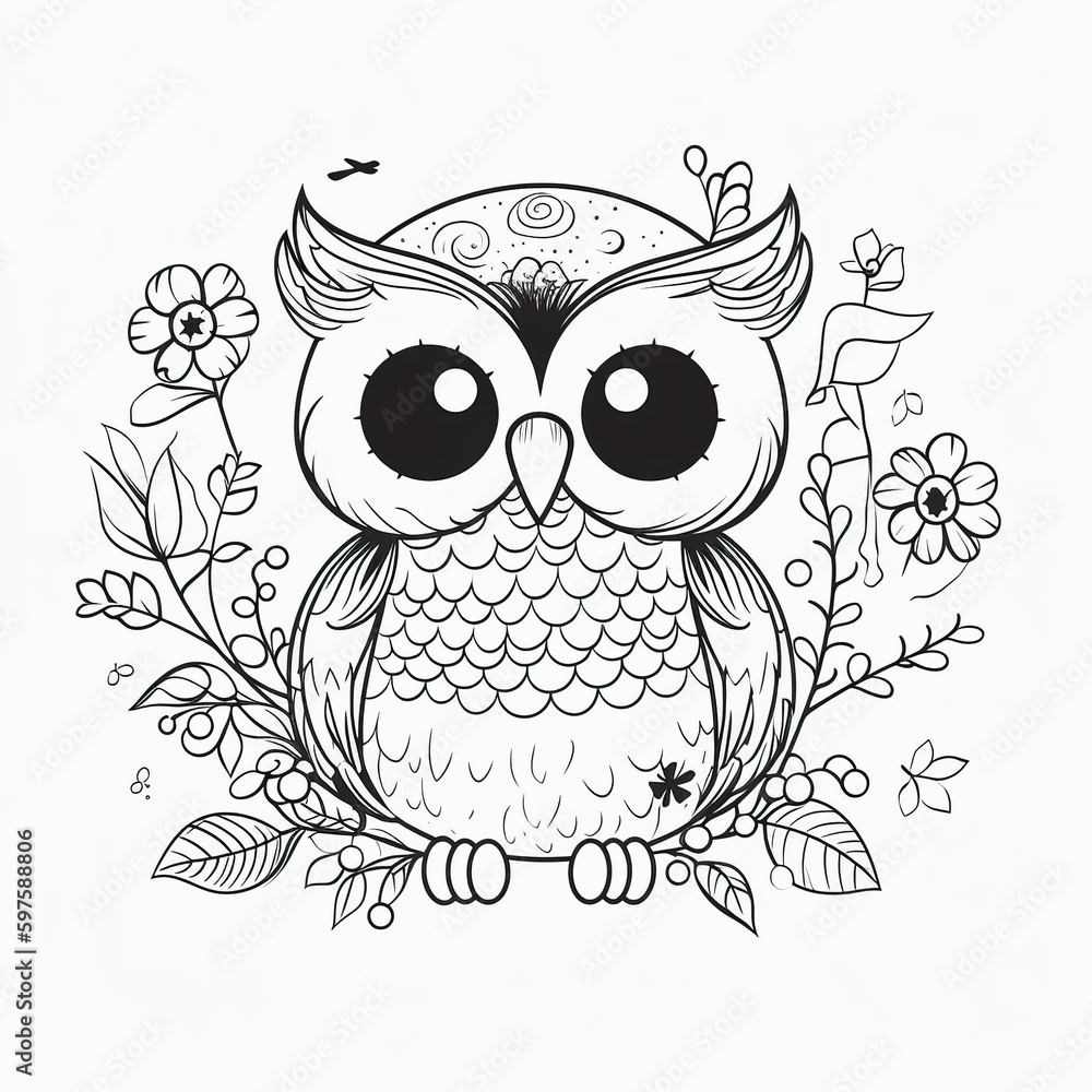 Kids coloring page of a happy owl with flowers that is blank and