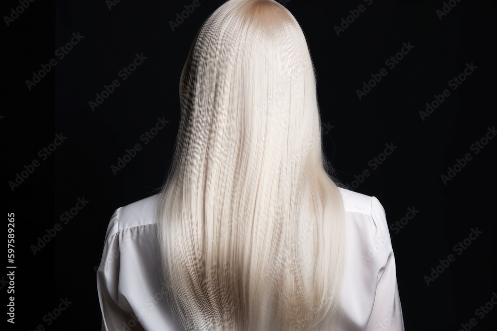 Naklejka premium Woman from the back with platinum blonde hair dye technique, featuring a bright and bold shade of blonde - Generative AI