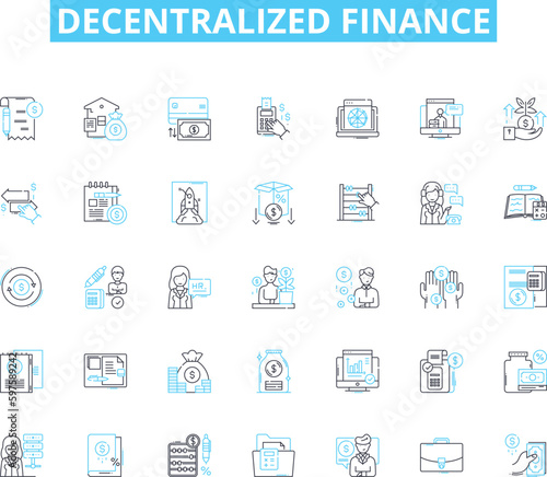 Decentralized finance linear icons set. DeFi, Decentralized, Blockchain, Crypto, Smart contracts, Tokenization, Liquidity line vector and concept signs. Yield,Transparency,Governance outline