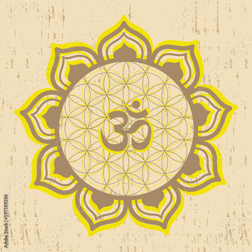 Flower of life and om symbol for meditation and wall decoration. Vector illustration of mandala on textured background.