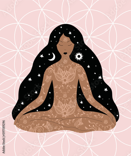 Woman with flowers on her body meditating in lotus position and stars in her black hair. Boho vector illustration.
