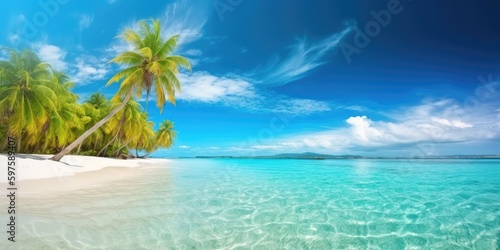 Beautiful tropical island with palm trees and beach panorama. Generative AI © piai