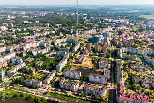 View from a high altitude on the cityscape with residential areas: Obninsk, Russia - June 2021