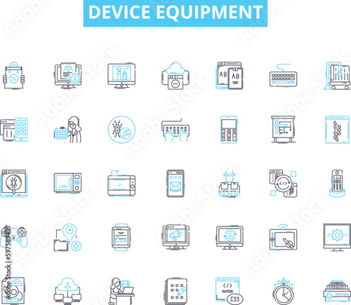 Device equipment linear icons set. Console, Monitor, Keyboard, Mouse, Printer, Scanner, Speaker line vector and concept signs. Microph,Camera,Router outline illustrations