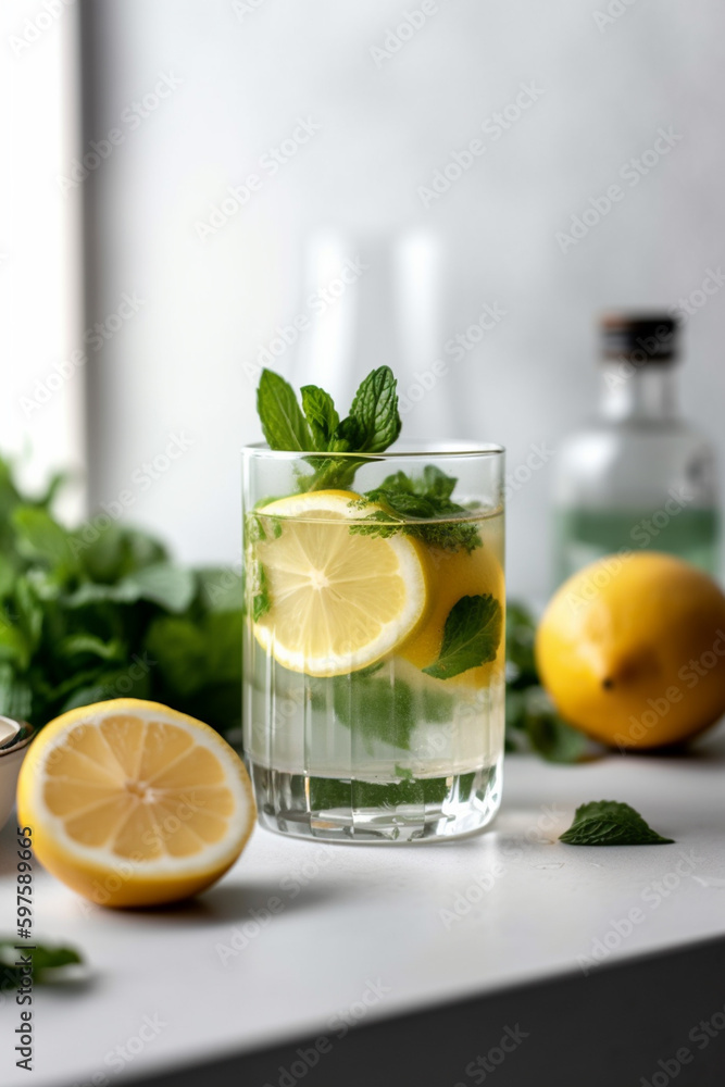 Fototapeta premium Fresh Lime Mint, Lemon Mint Cocktail, Juice, Mojito Beverage