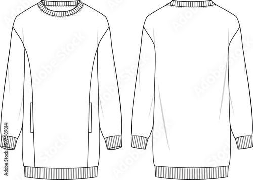 Women's Oversize Sweat Dress. Technical fashion illustration with pocket detail. Front and back, white colour. Women's CAD mock-up.