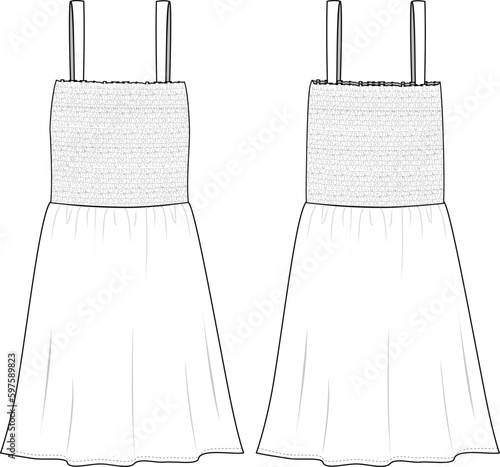 Women's Shirred Strap Cami Dress. Technical fashion illustration. Front and back, white colour. Women's CAD mock up.