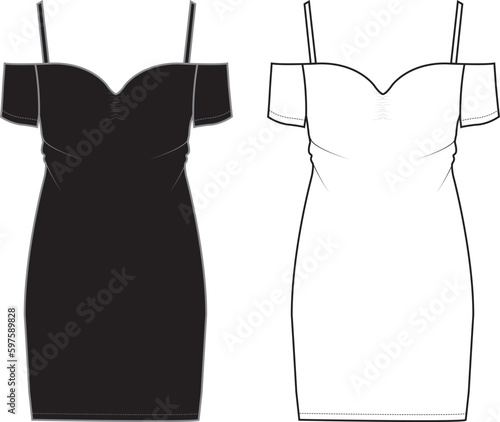 Women's Sweatheart Bardot Bodycon Dress. Technical fashion dress illustration. Flat apparel dress template front, white and black color. Women's CAD mock-up. photo