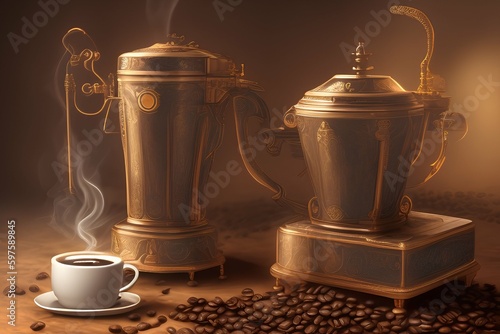 Old coffee maker and coffee cup illustration - generative ai