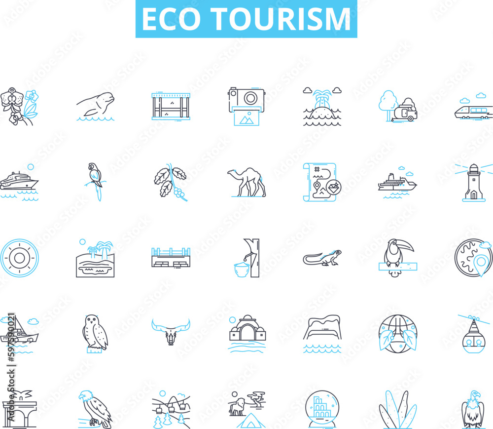 Eco tourism linear icons set. Sustainable, Wildlife, Adventure, Green, Preserve, Conservation, Nature line vector and concept signs. Ecological,Responsible,Biodiversity outline illustrations