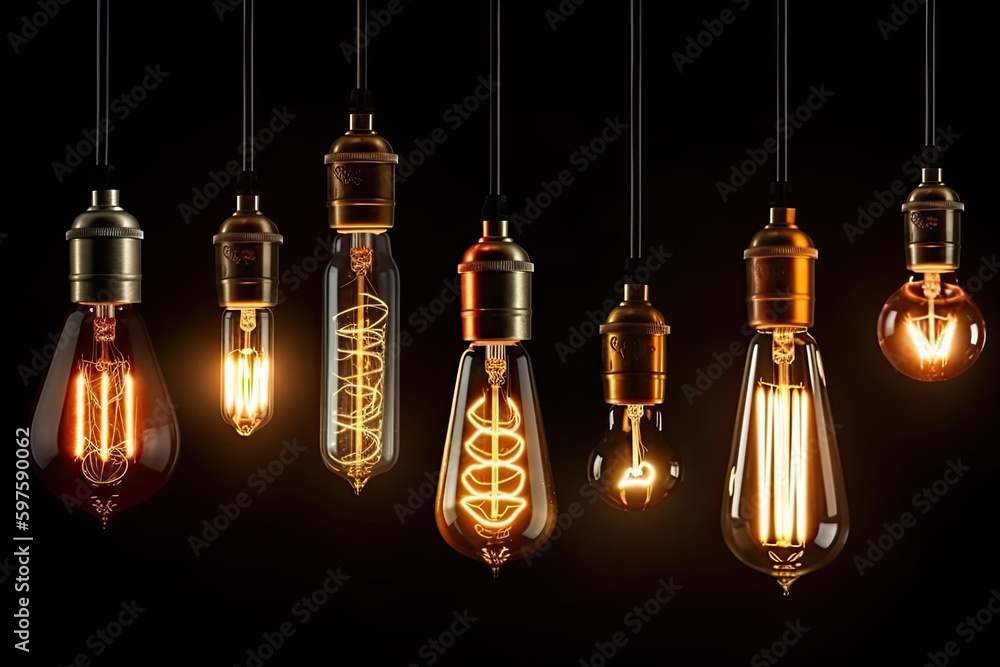 Set of vintage glowing light bulbs on dark background. Generative AI