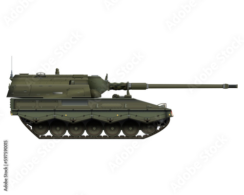 Self-propelled howitzer in realistic style. German 155 mm Panzerhaubitze 2000. Military armored vehicle. Detailed colorful vector illustration isolated on white background.