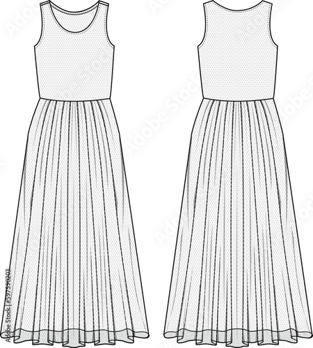 Women's Sheer-Mesh Maxi Dress- Technical fashion illustration. Front and back, white color. Women's CAD mock-up.