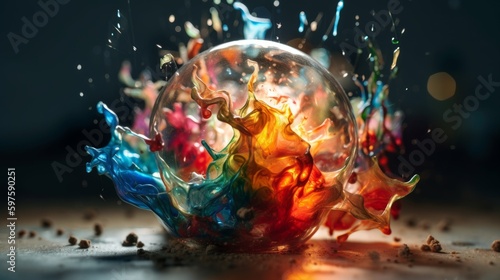 Exploding Colorful Bulb on Shiny Backdrop: Award-Winning Photography with Sony A9 and 35mm Lens Featuring Studio & Volumetric Lighting Effects, Generative AI