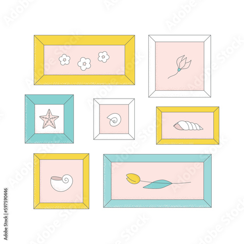 Bright frames on wall. Vector illustration with photo, picture painting art gallery in scandinavian interior