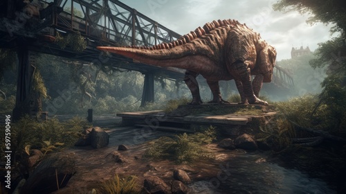 Cinematic Megapixel Render of Insanely Detailed Dinosaur - A Beautifully Color Graded Beast amidst Bridge Ruins, Powered by Unreal Engine & DOF Technology, Generative ai © Tatyana