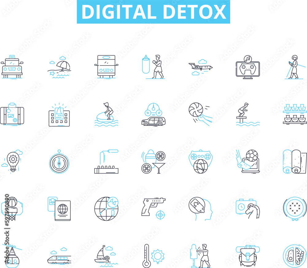 Digital detox linear icons set. Unplug, Disconnect, Reconnect, Mindfulness, Balance, Focus, Relaxation line vector and concept signs. Wellness,Renewal,Nature outline illustrations