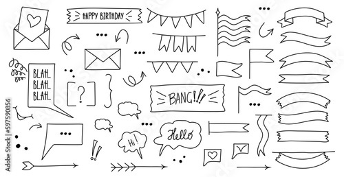 Set of doodle illustration Flags, ribbons, speech bubbles, arrows… Black outline design elements Line hand drawn vector illustration isolated on white background.