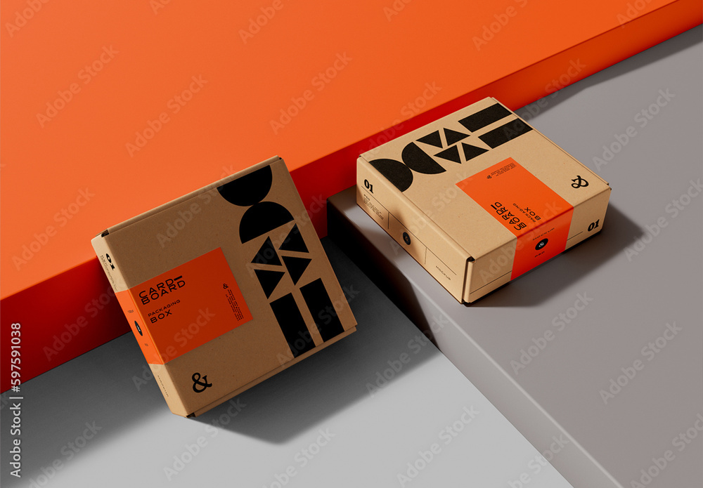 Cardboard Boxes with Label Sticker Mockup Stock Template | Adobe Stock