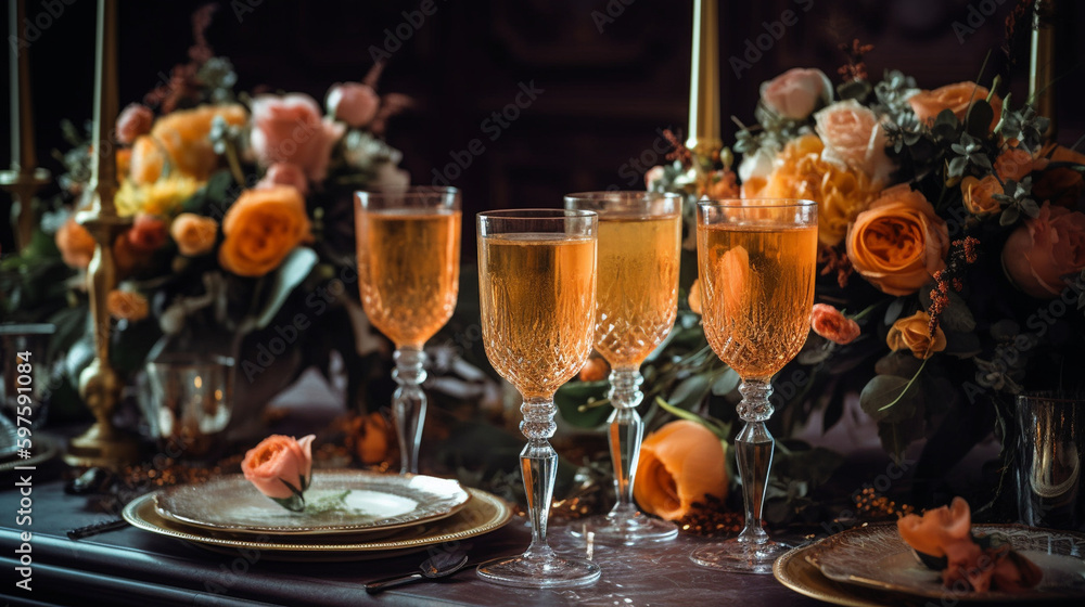 The elegant, transparent glasses filled with sparkling champagne emphasize the rich golden hue of the drink. The table exudes a festive atmosphere created by exquisite decor and an 