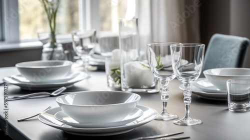 "White dishes and minimalist design create a table that reflects beauty and simplicity in a modern style. White plates, white cups, silver utensils, and clear glasses are presented 