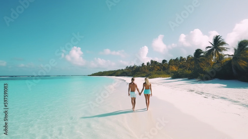 A happy and fun couple, young, beautiful, healthy, active, enjoying their vacation on a picturesque beach by the sea. Turquoise water, clean sandy beach, coconut palms, warm sun, g 