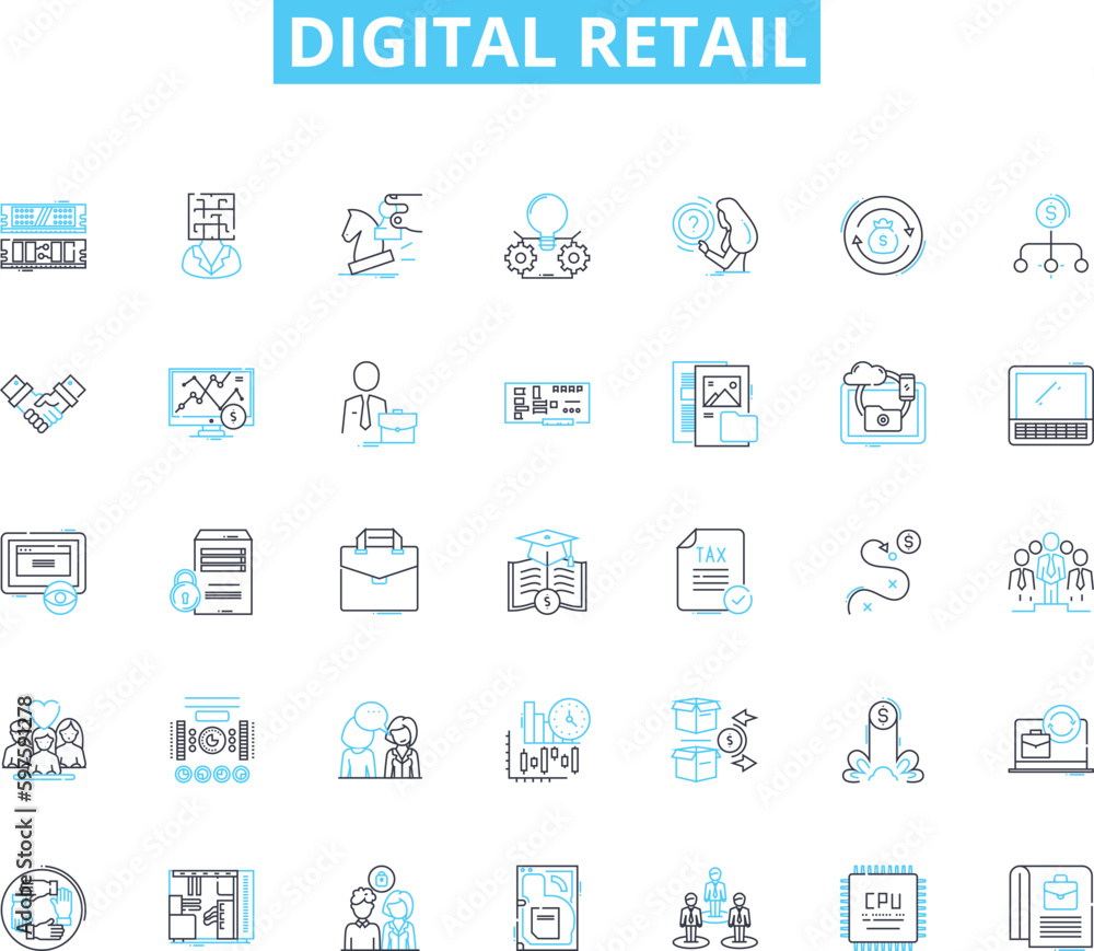 Digital retail linear icons set. E-commerce, Omnichannel, Personalization, Mobile, AI, Virtual, Augmented line vector and concept signs. Social,Analytics,Cybersecurity outline illustrations