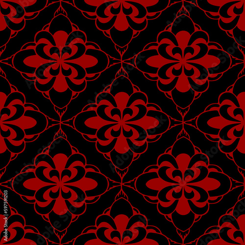 seamless tile pattern of abstract geometric red elements on a black background, texture, design
