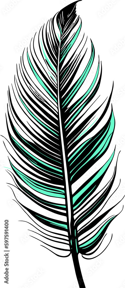 Fototapeta premium simple graphic drawing black and green bird feather, sketch, logo