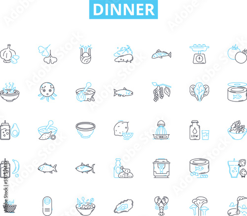 Dinner linear icons set. Feast, Plate, Meal, Dine, Cuisine, Supper, Eat line vector and concept signs. Food,Gourmet,Entree outline illustrations