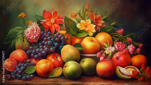 Generate a description of a beautiful realistic painting of beautiful flowers  exotic fruits  and silk in soft pastel tones  using 200 words. Please only leave nouns and adjectives Generative AI