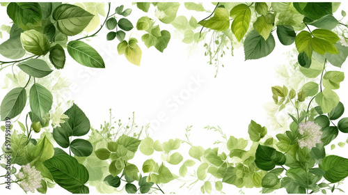 Generate a description of a floral frame around a rectangle made of young green birch leaves on a white background in 200 words. Leave only nouns and adjectives. Separate words wit Generative AI