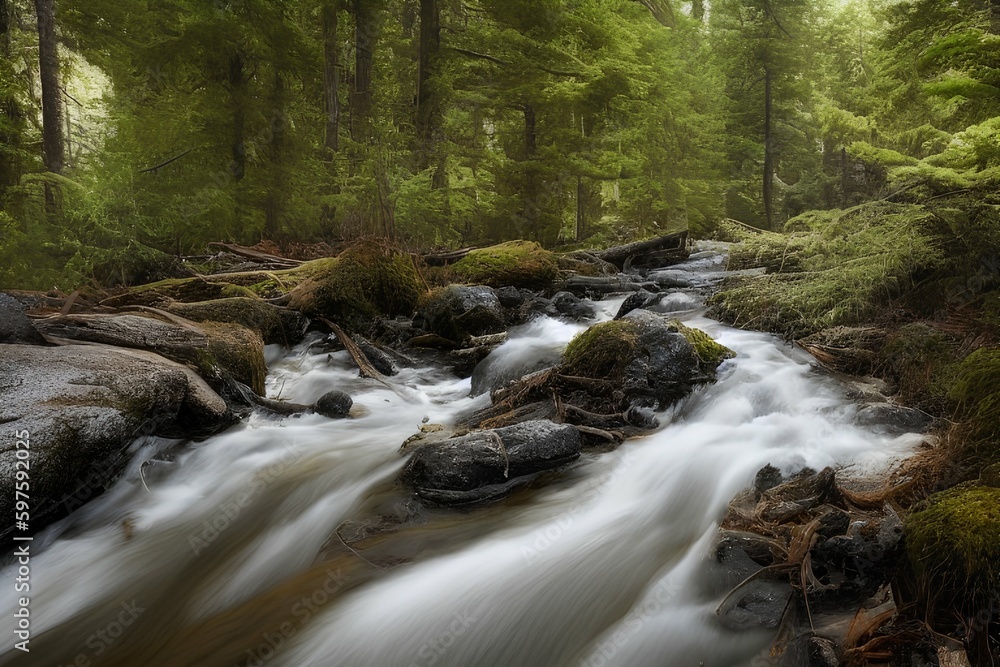 Photo of a pine tree flowing into a stream - generative ai Photo of a pine tree flowing into a stream - generative ai
