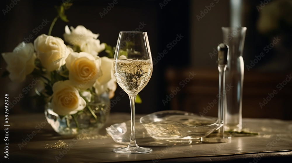 A lonely glass with sparkling champagne stands on a beautiful table adorned with a delicate bouquet of white roses. The glass, elegant and transparent, reflects light and creates a Generative AI A lonely glass with sparkling champagne stands on a beautiful table adorned with a delicate bouquet of white roses. The glass, elegant and transparent, reflects light and creates a Generative AI
